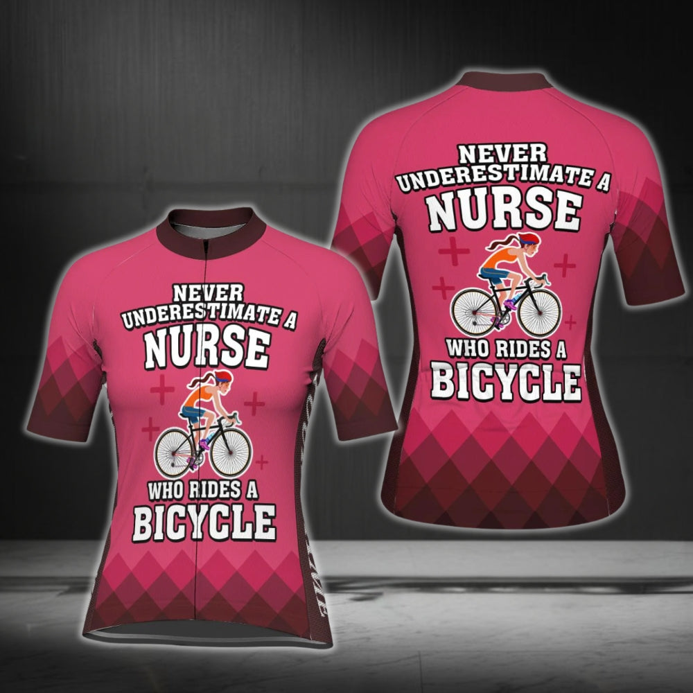 Never Underestimate A Nurse Who Rides A Bicycle Custom Womens Cycling Short Sleeve Jersey, Custom Funny Nurse Cycling Jerseys CG0310