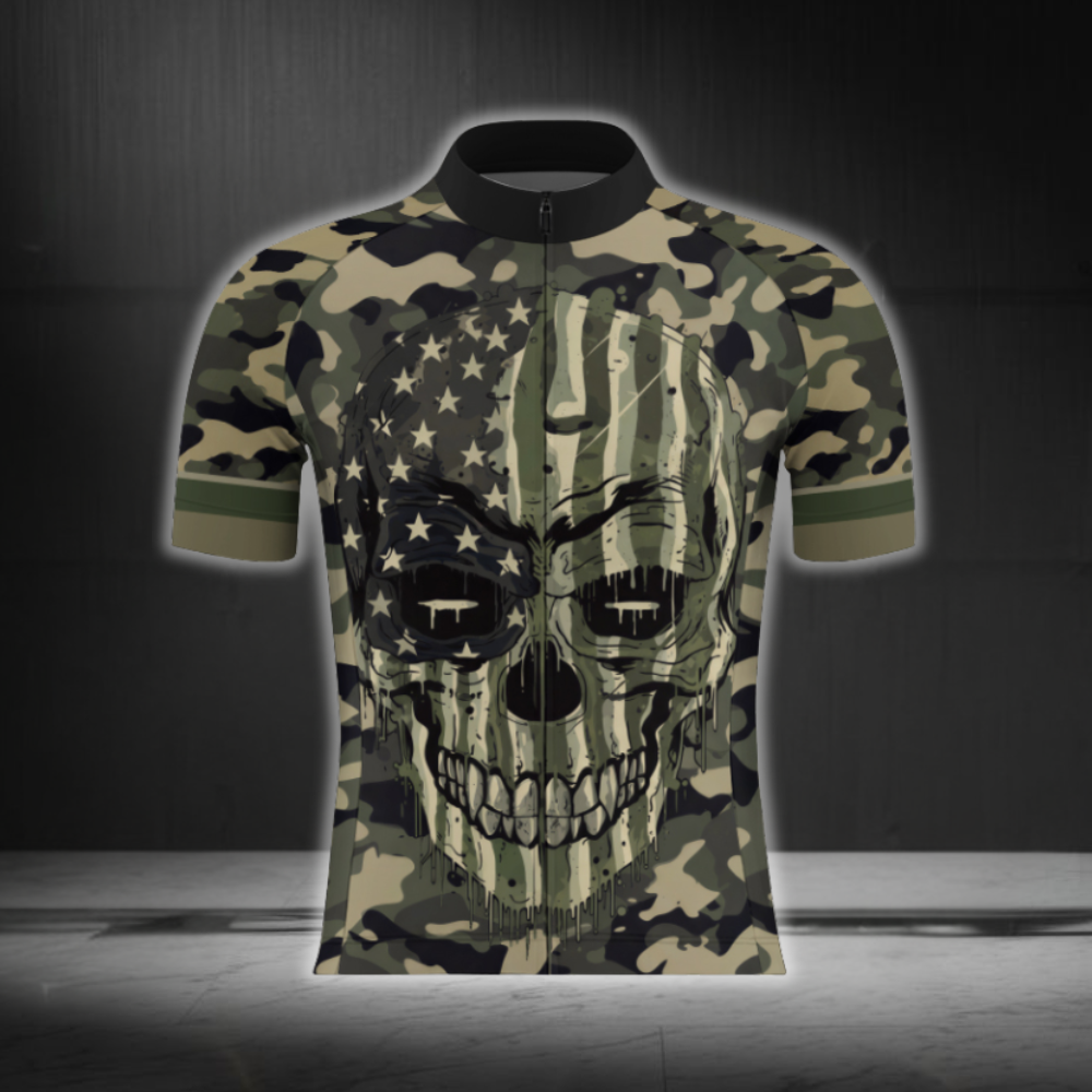 Skull Green Camo Cycling Short Sleeve Men Jersey USA Flag, Skull Cycling Jersey CG0880