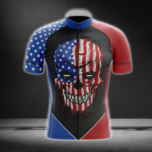 American Flag Skull Cycling Short Sleeve Men's Jersey, Patriotic Skull Cycling Jerseys CG0035