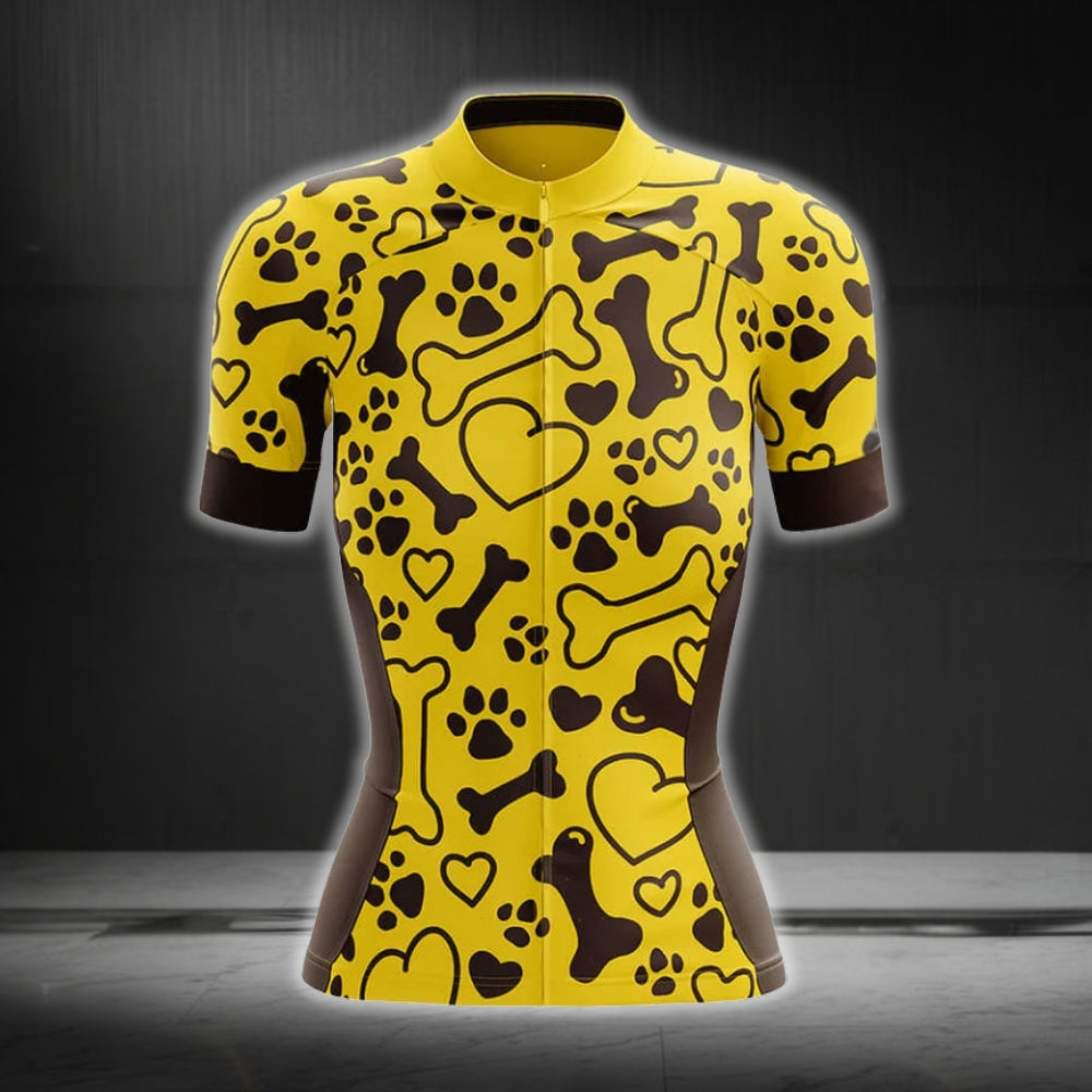 Black And Yellow Dog Paw Short Sleeve Cycling Jerseys Women, Dog Lovers Cycling Jerseys For Ladies CG0183