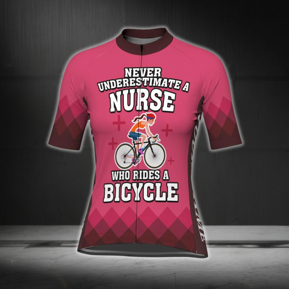 Never Underestimate A Nurse Who Rides A Bicycle Custom Womens Cycling Short Sleeve Jersey, Custom Funny Nurse Cycling Jerseys CG0310