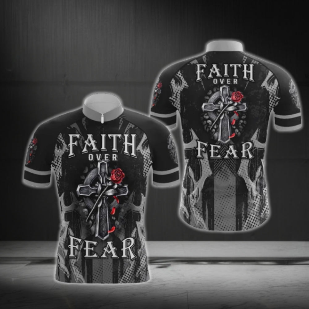 Faith Over Fear Cross And Rose Cycling Short Sleeve Jersey For Men, Christian Cycling Jerseys CG0531