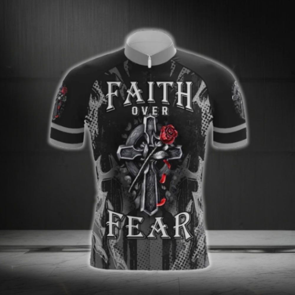 Faith Over Fear Cross And Rose Cycling Short Sleeve Jersey For Men, Christian Cycling Jerseys CG0531