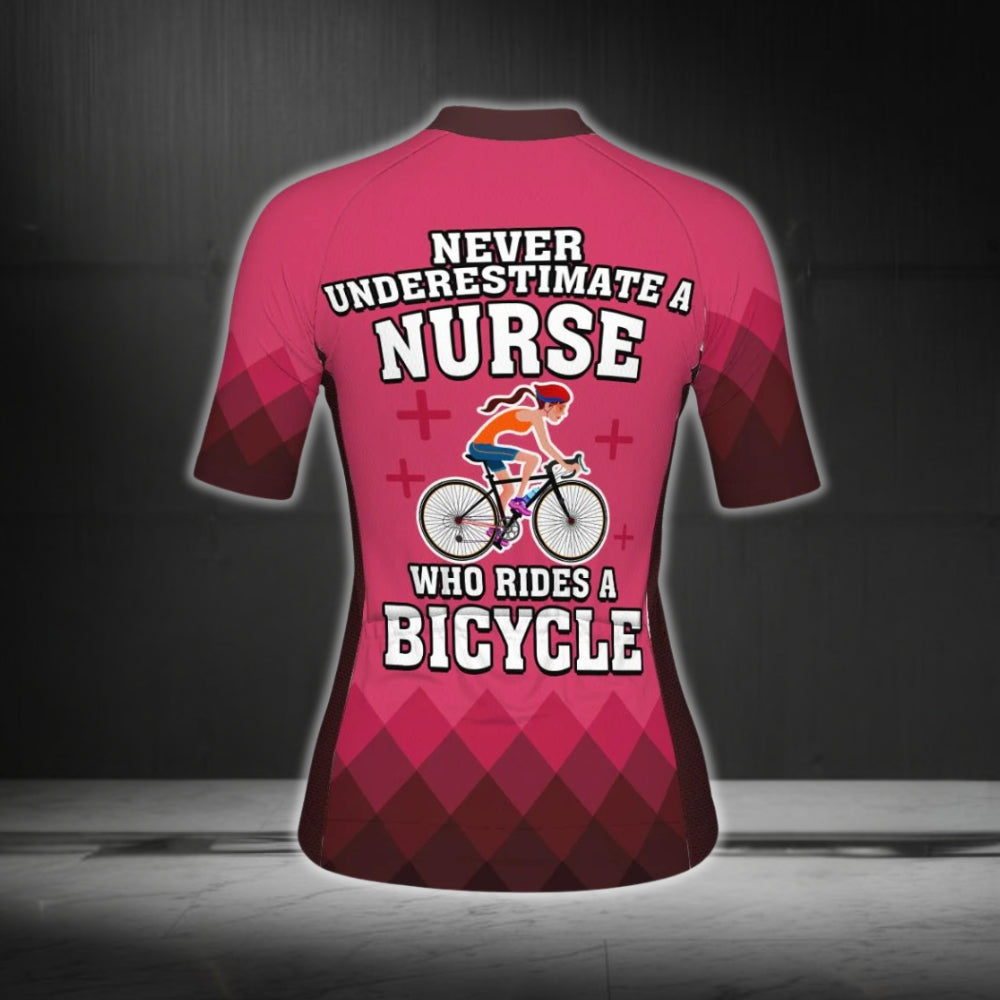 Never Underestimate A Nurse Who Rides A Bicycle Custom Womens Cycling Short Sleeve Jersey, Custom Funny Nurse Cycling Jerseys CG0310