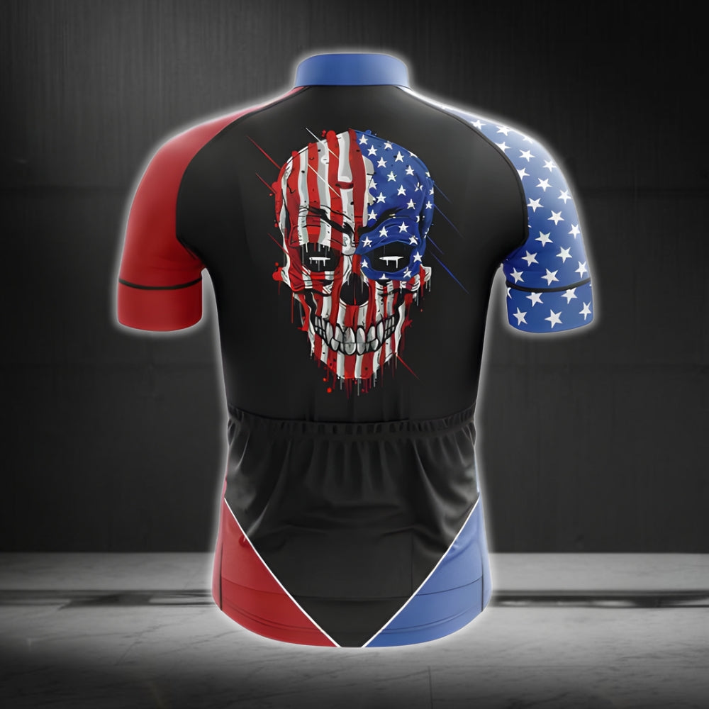American Flag Skull Cycling Short Sleeve Men's Jersey, Patriotic Skull Cycling Jerseys CG0035