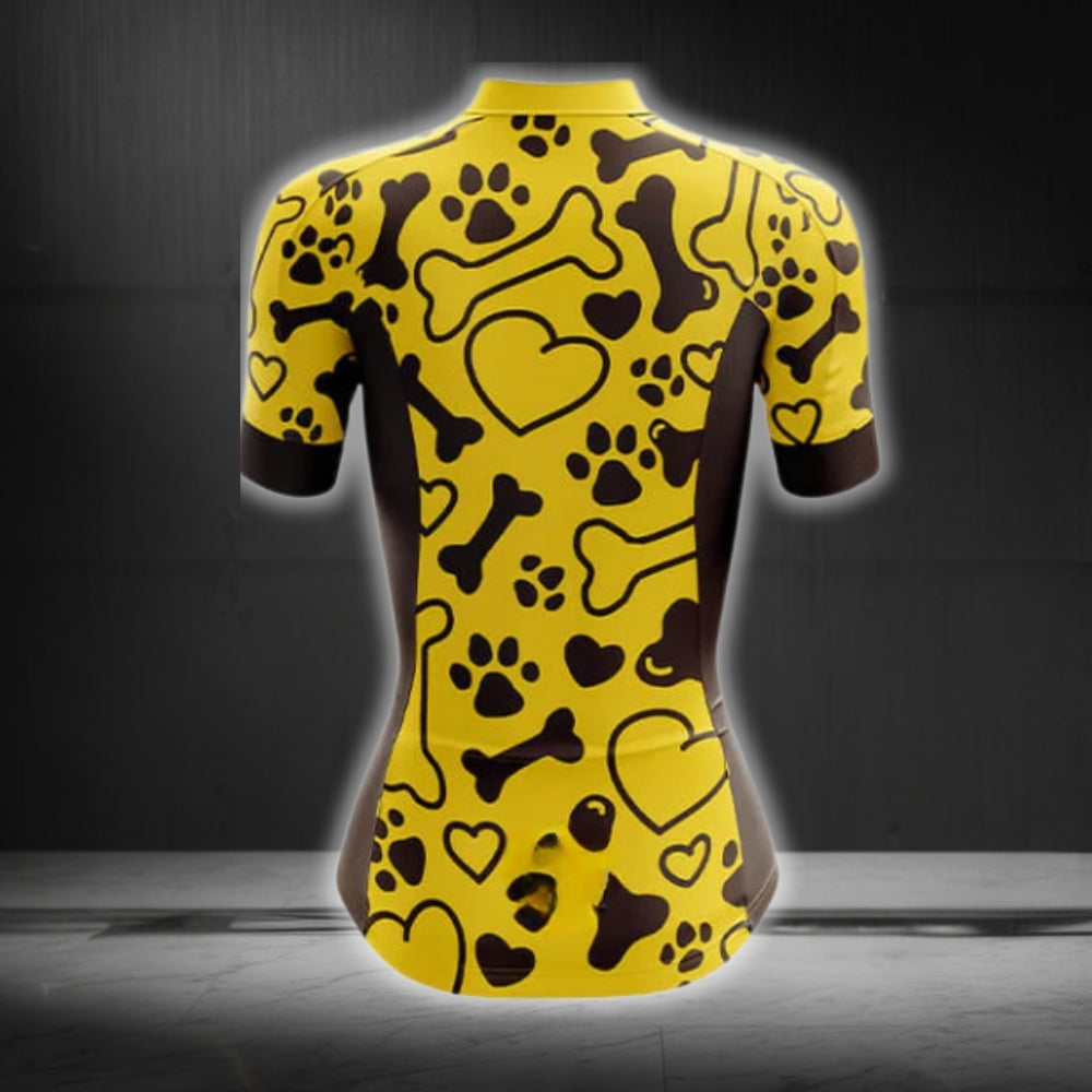 Black And Yellow Dog Paw Short Sleeve Cycling Jerseys Women, Dog Lovers Cycling Jerseys For Ladies CG0183