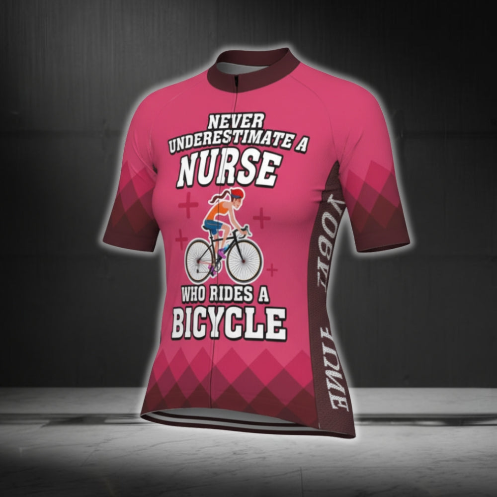Never Underestimate A Nurse Who Rides A Bicycle Custom Womens Cycling Short Sleeve Jersey, Custom Funny Nurse Cycling Jerseys CG0310
