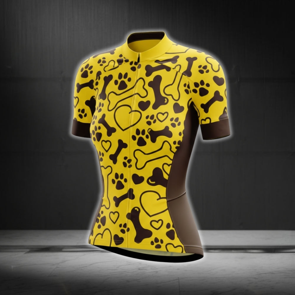 Black And Yellow Dog Paw Short Sleeve Cycling Jerseys Women, Dog Lovers Cycling Jerseys For Ladies CG0183