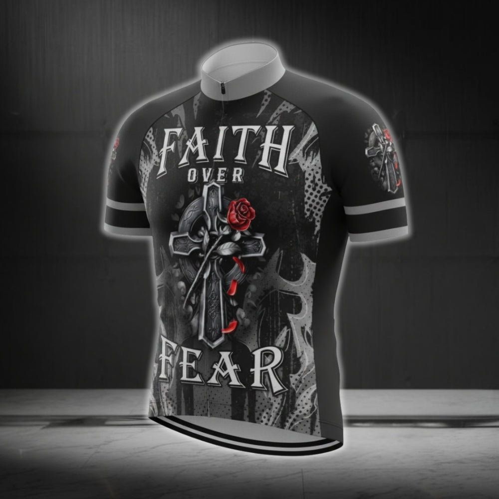 Faith Over Fear Cross And Rose Cycling Short Sleeve Jersey For Men, Christian Cycling Jerseys CG0531