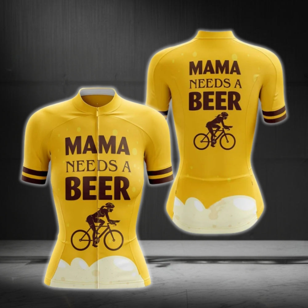 Mama Needs A Beer Women's Yellow Short Sleeve Cycling Jersey, Beer Cycling Jerseys For Women CG0410