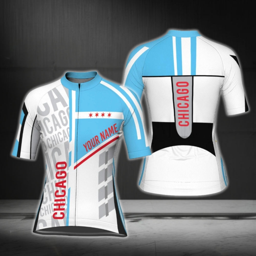 Chicago Flag Custom Name Women's Short Sleeve Cycling Jersey, Custom Chicago State Cycling Jerseys CG0784