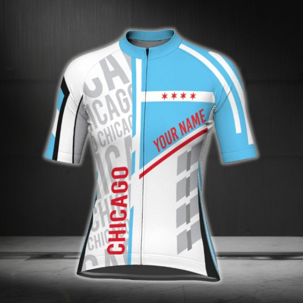 Chicago Flag Custom Name Women's Short Sleeve Cycling Jersey, Custom Chicago State Cycling Jerseys CG0784