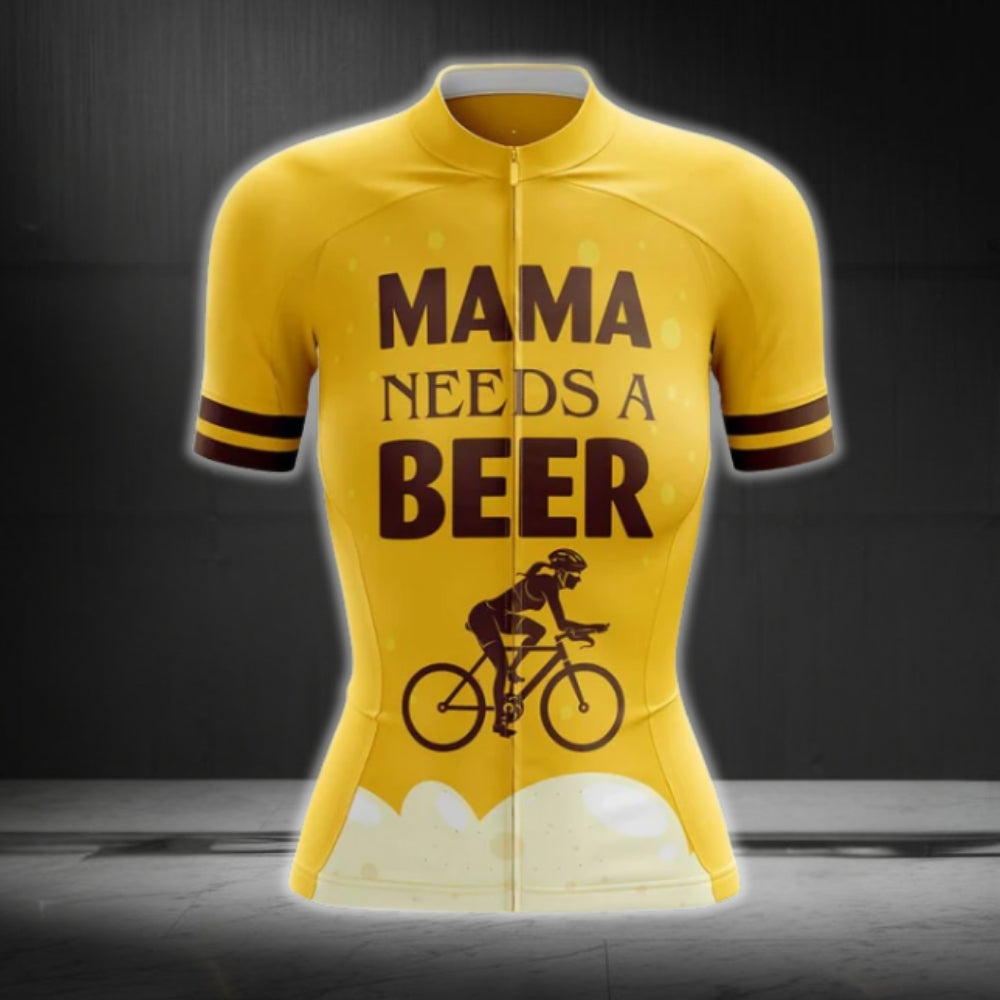 Mama Needs A Beer Women's Yellow Short Sleeve Cycling Jersey, Beer Cycling Jerseys For Women CG0410