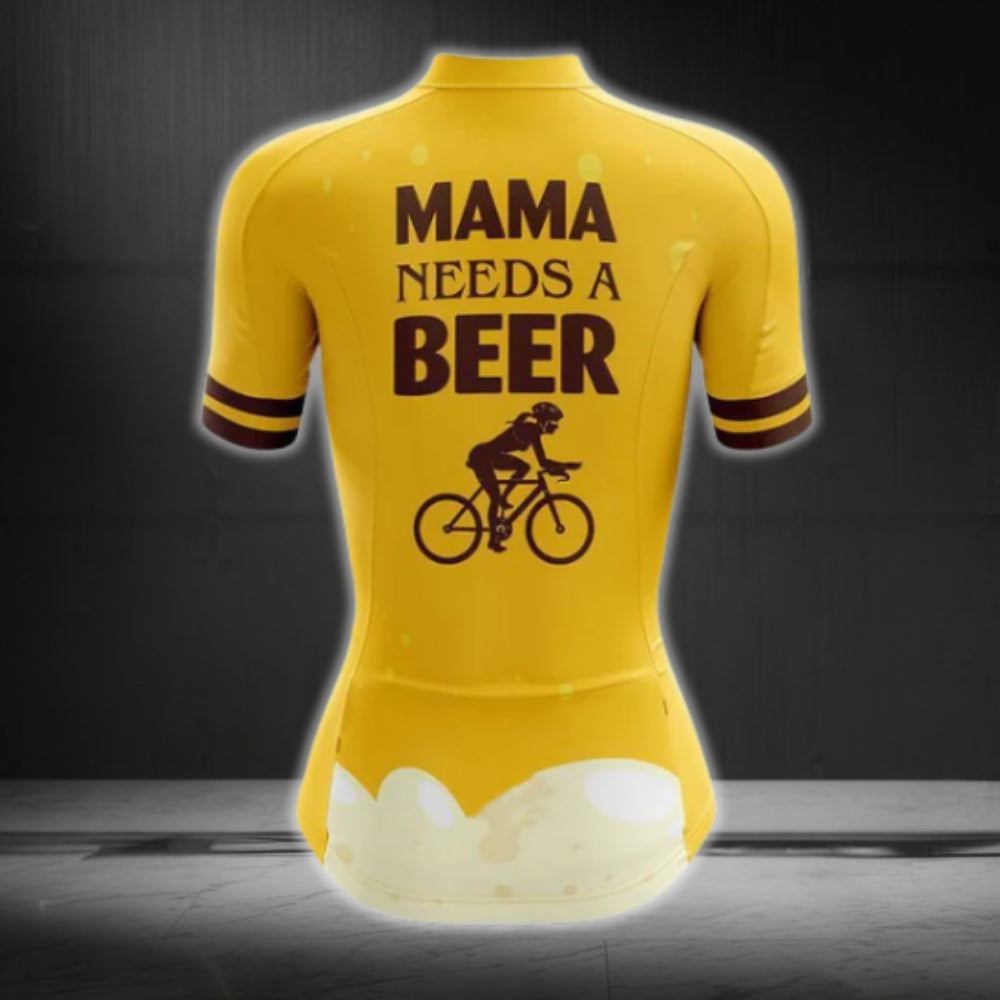 Mama Needs A Beer Women's Yellow Short Sleeve Cycling Jersey, Beer Cycling Jerseys For Women CG0410