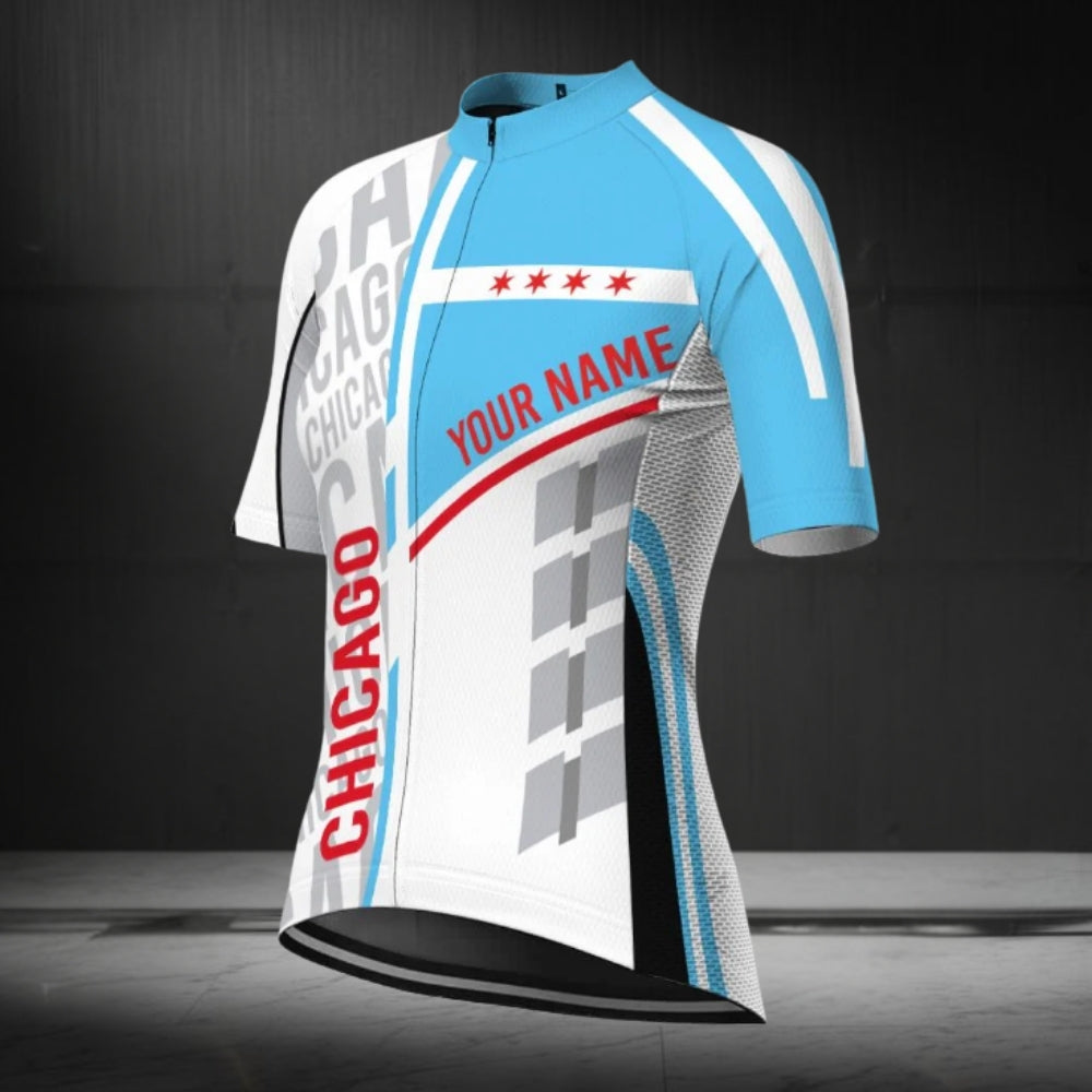Chicago Flag Custom Name Women's Short Sleeve Cycling Jersey, Custom Chicago State Cycling Jerseys CG0784