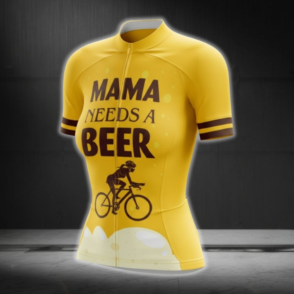 Mama Needs A Beer Women's Yellow Short Sleeve Cycling Jersey, Beer Cycling Jerseys For Women CG0410
