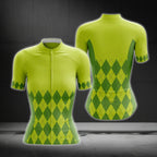 Lime Green Argyle Cycling Short Sleeve Jersey Women, Argyle Cycling Jerseys For Ladies CG0411
