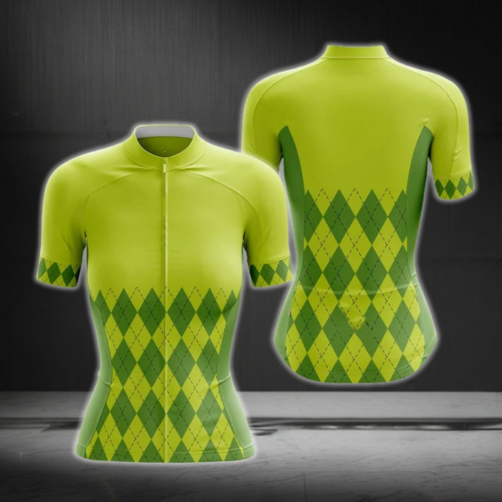 Lime Green Argyle Cycling Short Sleeve Jersey Women, Argyle Cycling Jerseys For Ladies CG0411