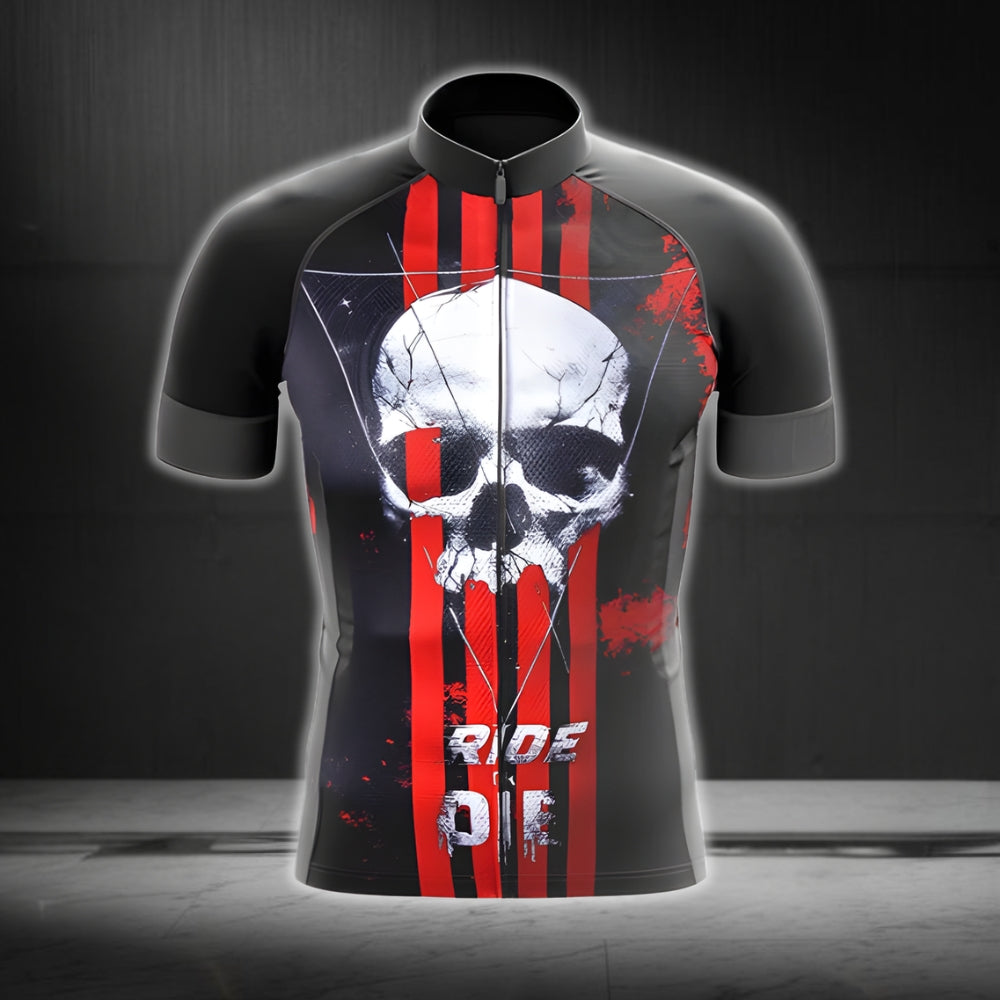 Ride Or Die Men's Black And Red Skull Cycling Jersey Short Sleeve, Skull Cycling Jerseys CG0037