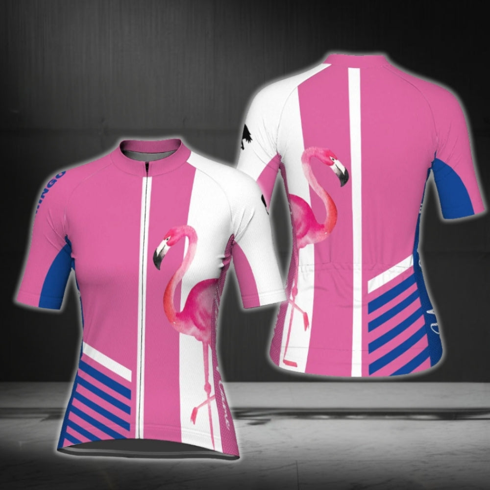 Women's Custom Name Flamingo Short Sleeve Cycling Jersey, Custom Flamingo Jersey For Ladies CG0785