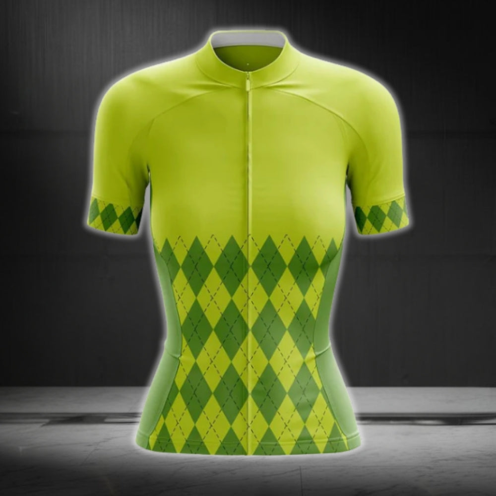 Lime Green Argyle Cycling Short Sleeve Jersey Women, Argyle Cycling Jerseys For Ladies CG0411