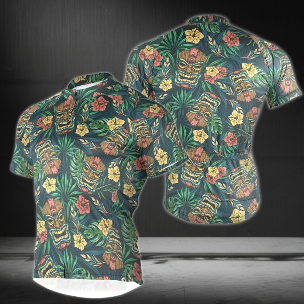 Tiki Mask Tropical Cycling Short Sleeve Jersey For Mens,Tiki Hawaiian Cycling Jersey CZ0040