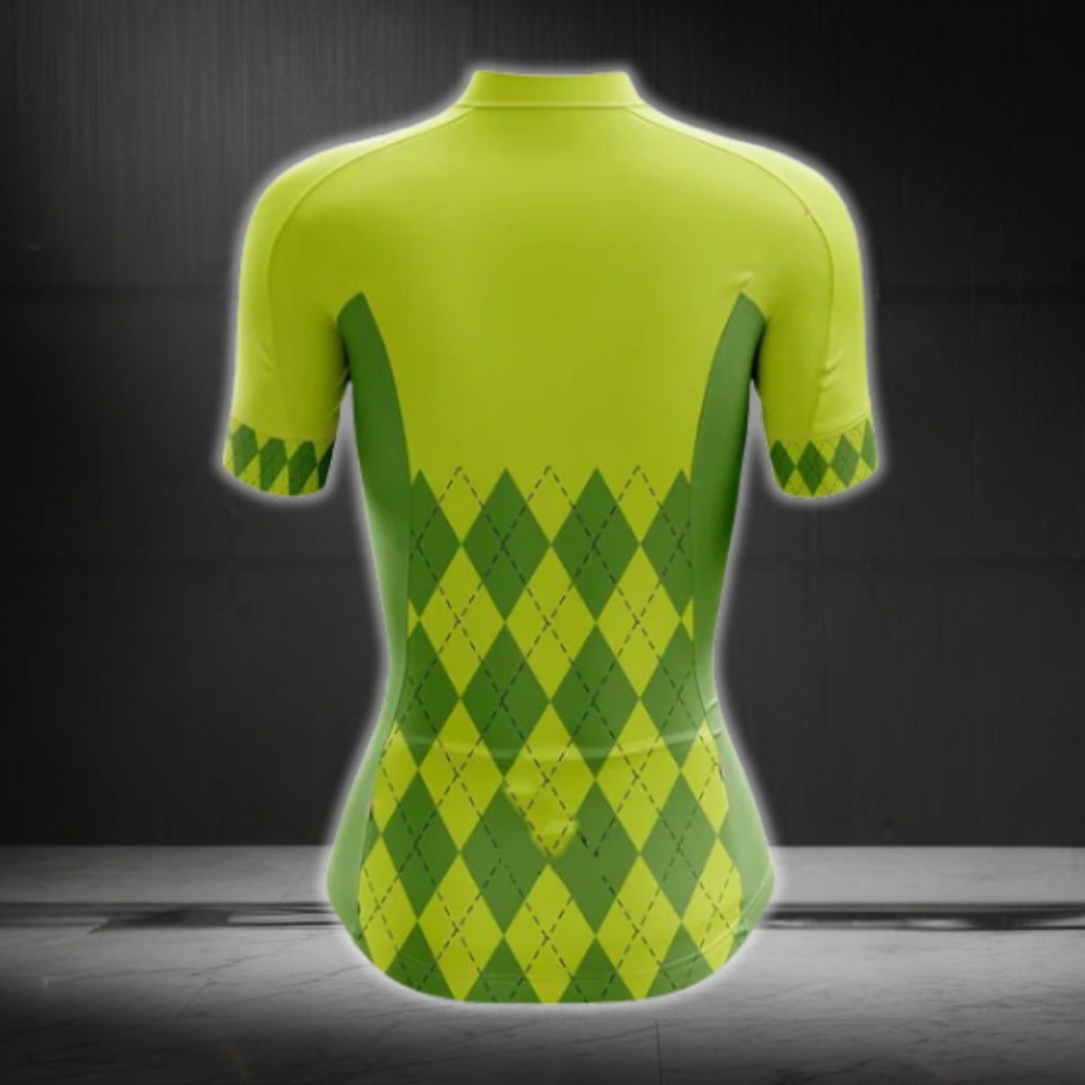 Lime Green Argyle Cycling Short Sleeve Jersey Women, Argyle Cycling Jerseys For Ladies CG0411