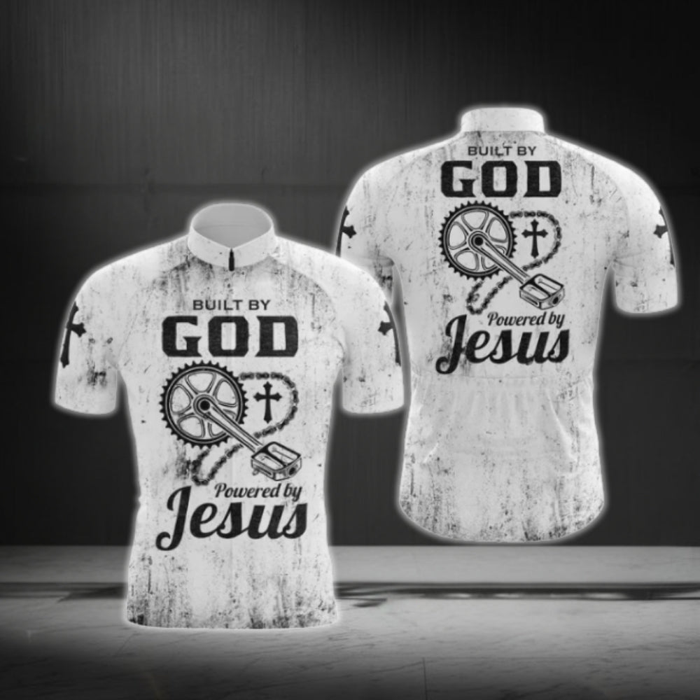 Built By God Powered By Jesus Men's White Black Cycling Short Sleeve Jersey, Christian Cycling Jerseys CG0534