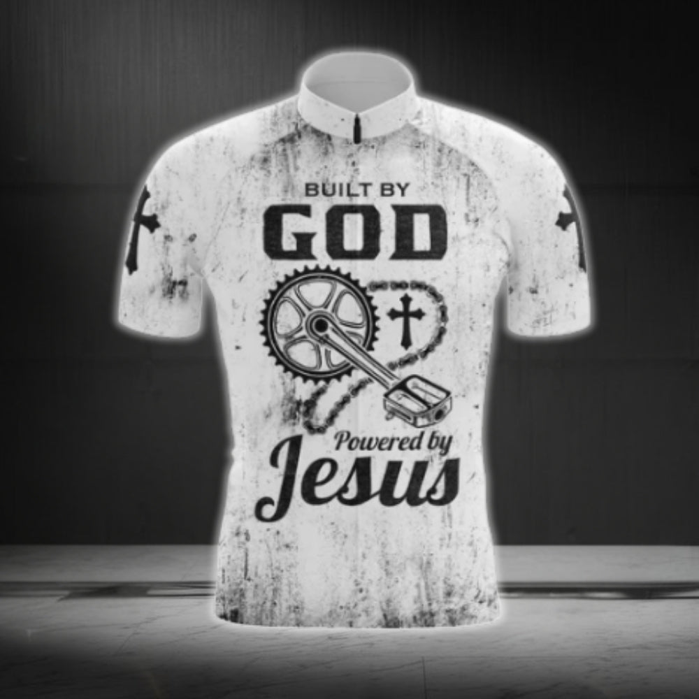 Built By God Powered By Jesus Men's White Black Cycling Short Sleeve Jersey, Christian Cycling Jerseys CG0534