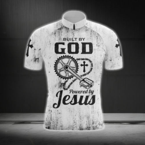 Built By God Powered By Jesus Men's White Black Cycling Short Sleeve Jersey, Christian Cycling Jerseys CG0534