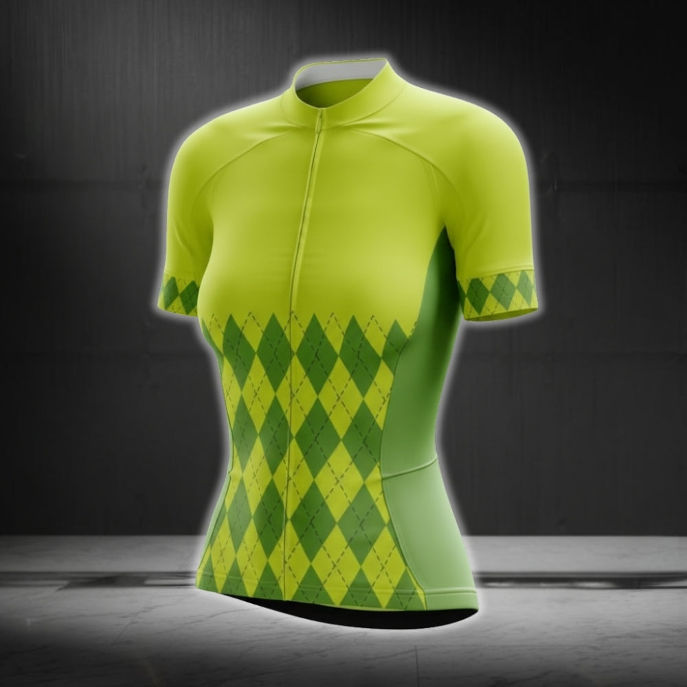 Lime Green Argyle Cycling Short Sleeve Jersey Women, Argyle Cycling Jerseys For Ladies CG0411