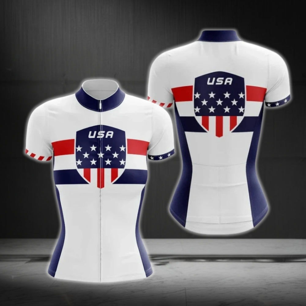 Red White And Blue USA Flag Cycling Short Sleeve Jersey Women, Patriotic Women's Cycling Jerseys CG0412