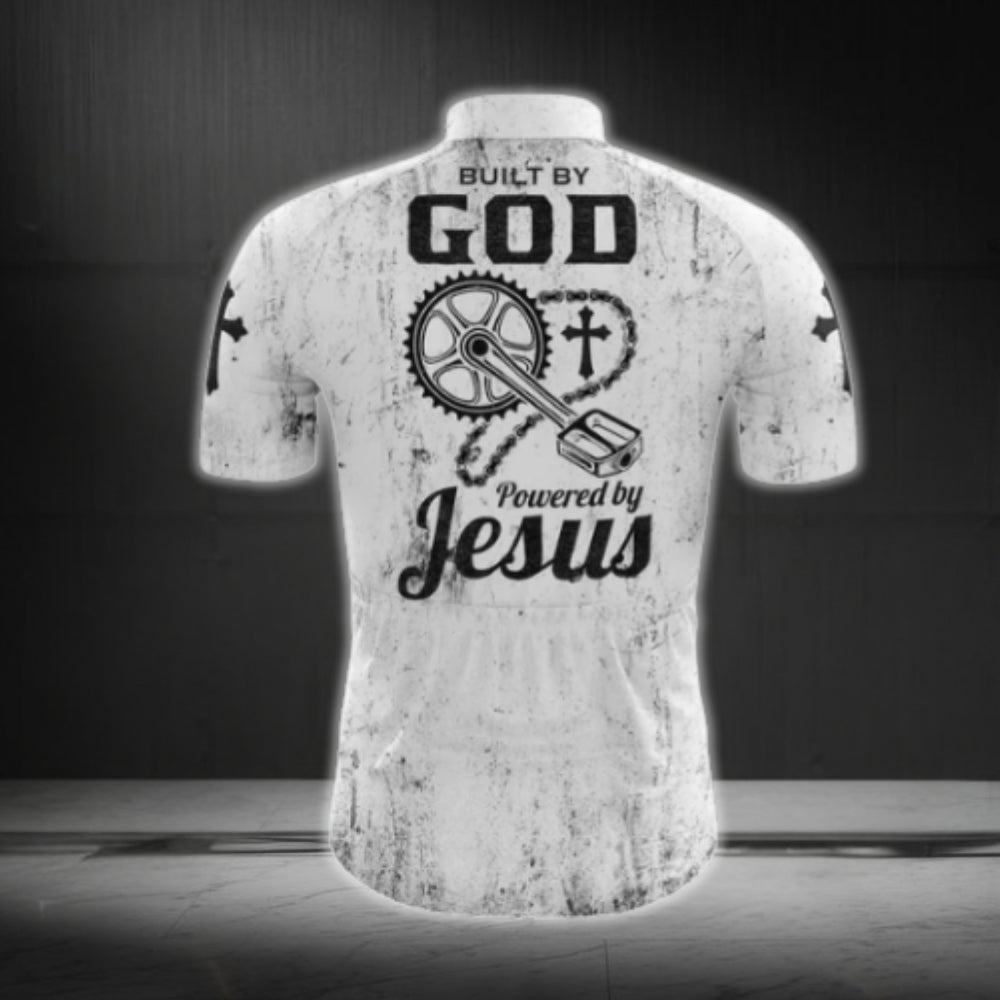 Built By God Powered By Jesus Men's White Black Cycling Short Sleeve Jersey, Christian Cycling Jerseys CG0534