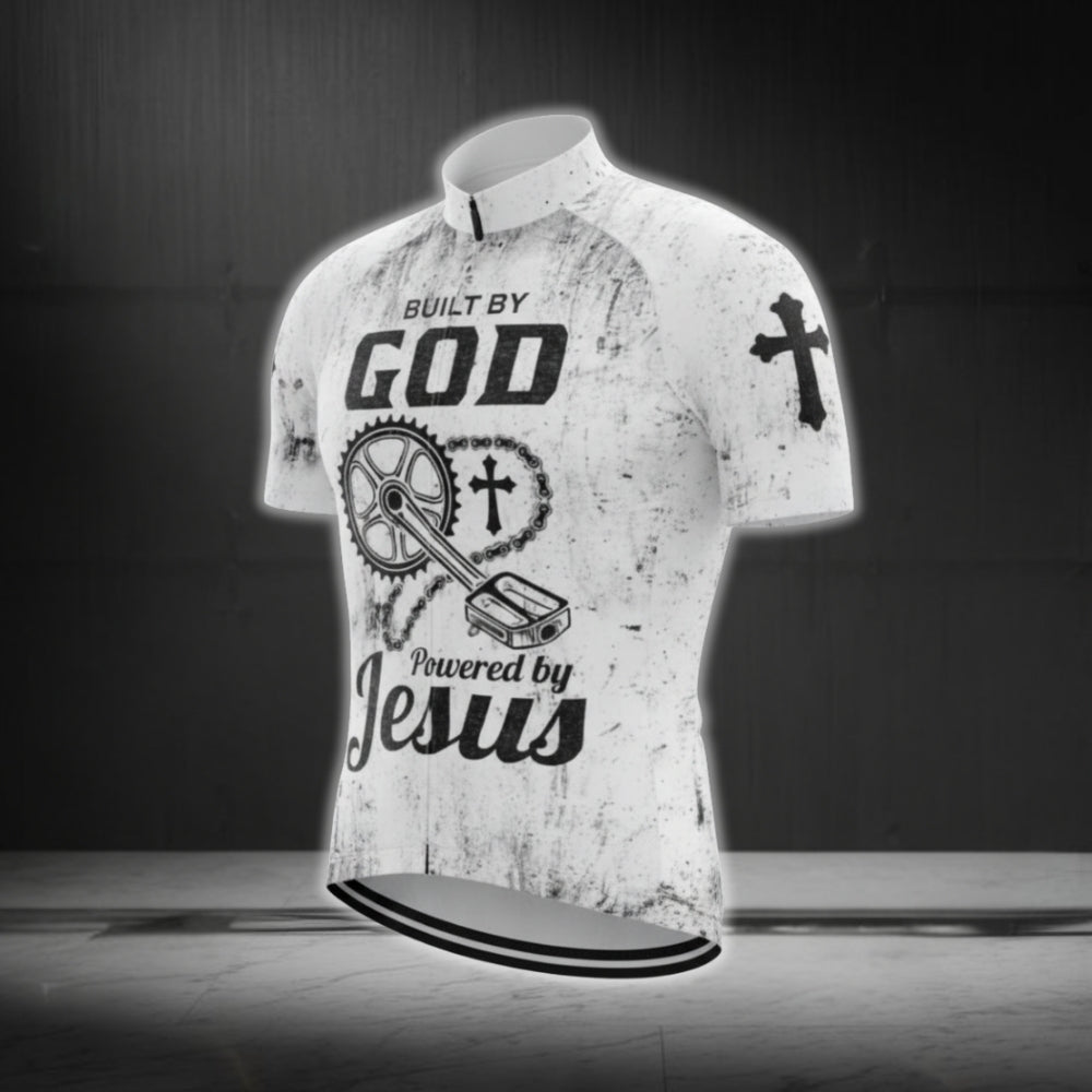 Built By God Powered By Jesus Men's White Black Cycling Short Sleeve Jersey, Christian Cycling Jerseys CG0534