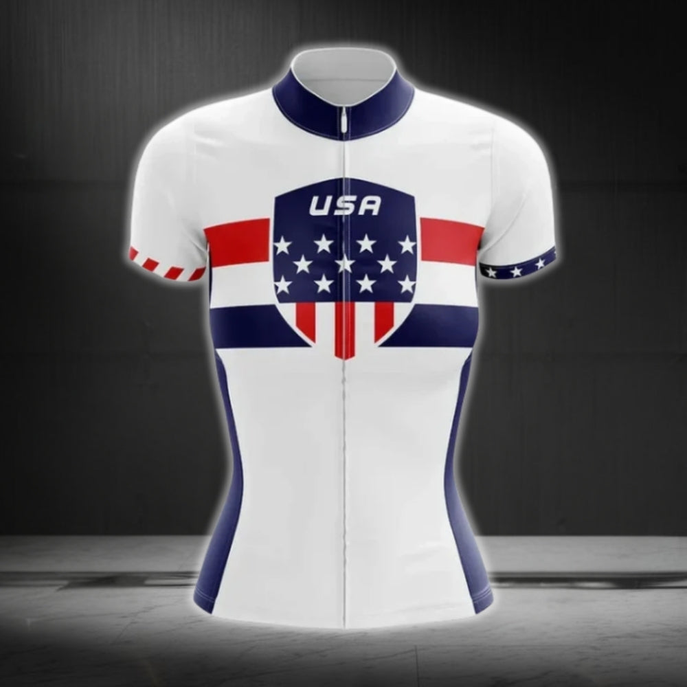Red White And Blue USA Flag Cycling Short Sleeve Jersey Women, Patriotic Women's Cycling Jerseys CG0412