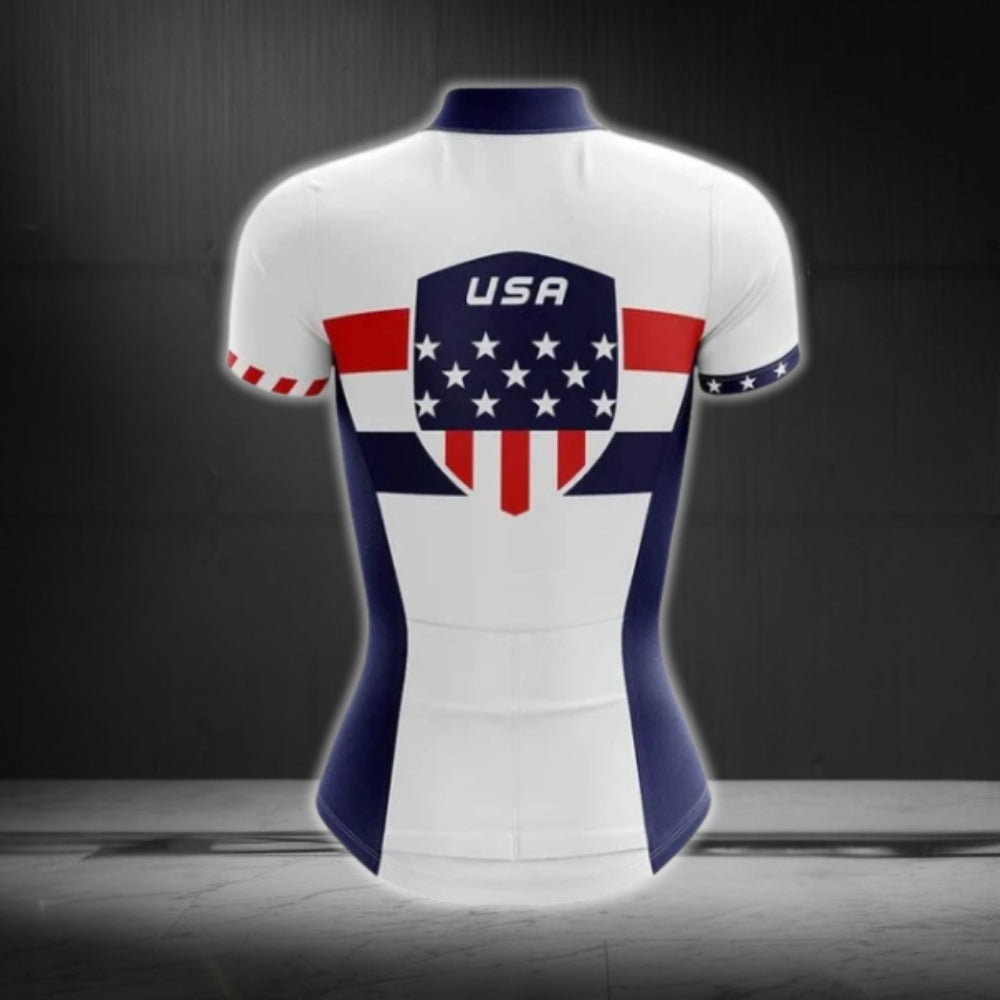 Red White And Blue USA Flag Cycling Short Sleeve Jersey Women, Patriotic Women's Cycling Jerseys CG0412