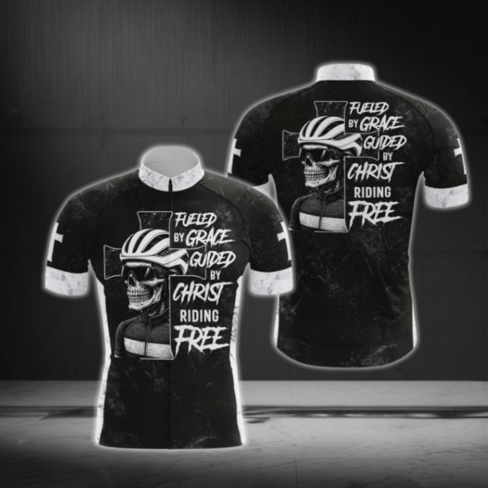 Flued By Grace Guid By Christ Riding Free Skull Cycling Short Sleeve Jersey For Men, Skull Christian Cycling Jersey CG0535