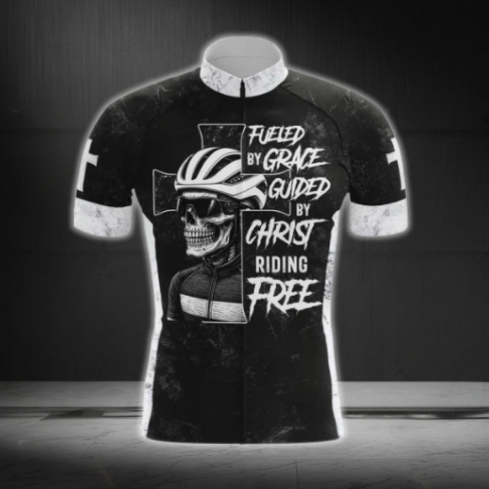 Flued By Grace Guid By Christ Riding Free Skull Cycling Short Sleeve Jersey For Men, Skull Christian Cycling Jersey CG0535