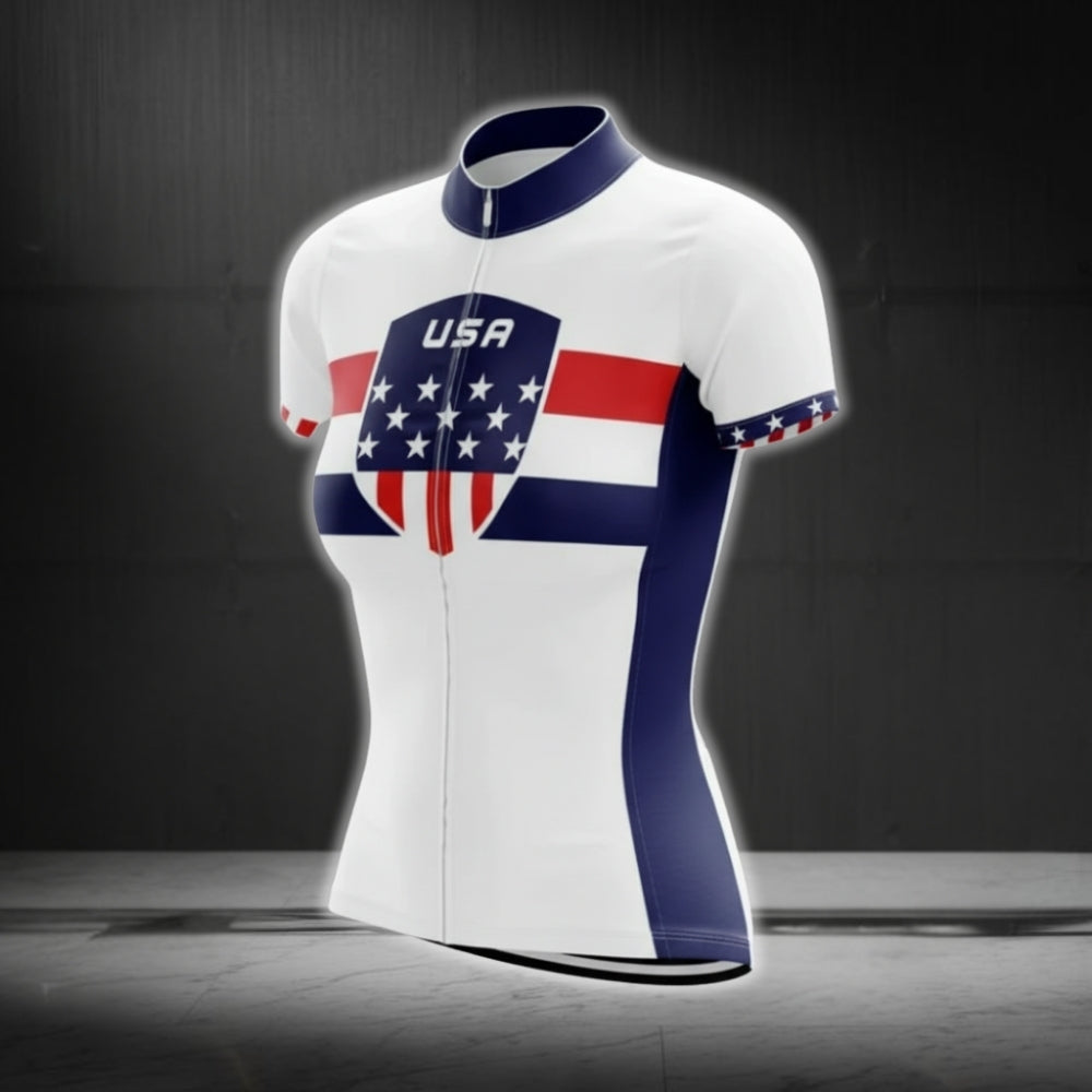 Red White And Blue USA Flag Cycling Short Sleeve Jersey Women, Patriotic Women's Cycling Jerseys CG0412