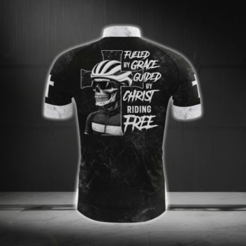 Flued By Grace Guid By Christ Riding Free Skull Cycling Short Sleeve Jersey For Men, Skull Christian Cycling Jersey CG0535