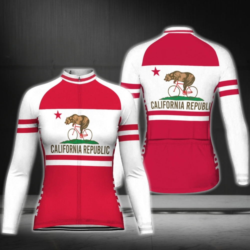 Custom California Republic Flag Long Sleeve Women's Cycling Jersey, Custom California State Cycling Jersey For Women CG0787