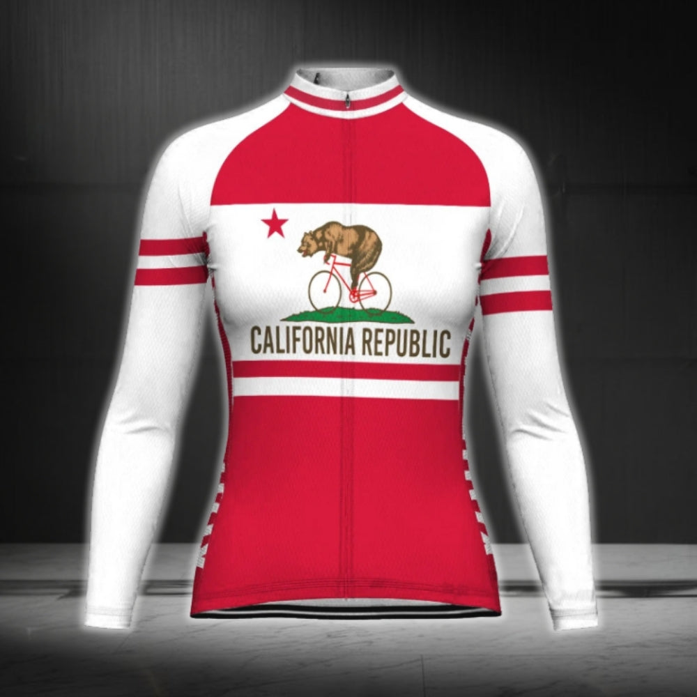 Custom California Republic Flag Long Sleeve Women's Cycling Jersey, Custom California State Cycling Jersey For Women CG0787