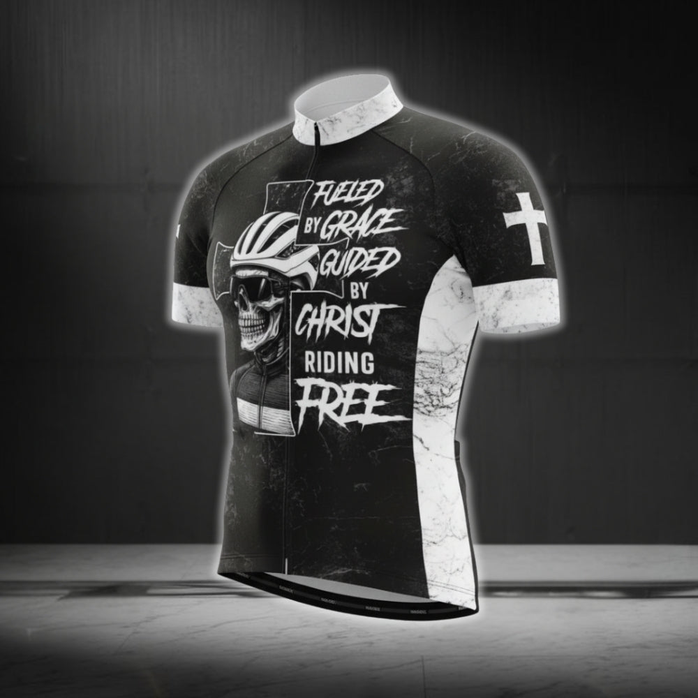 Flued By Grace Guid By Christ Riding Free Skull Cycling Short Sleeve Jersey For Men, Skull Christian Cycling Jersey CG0535
