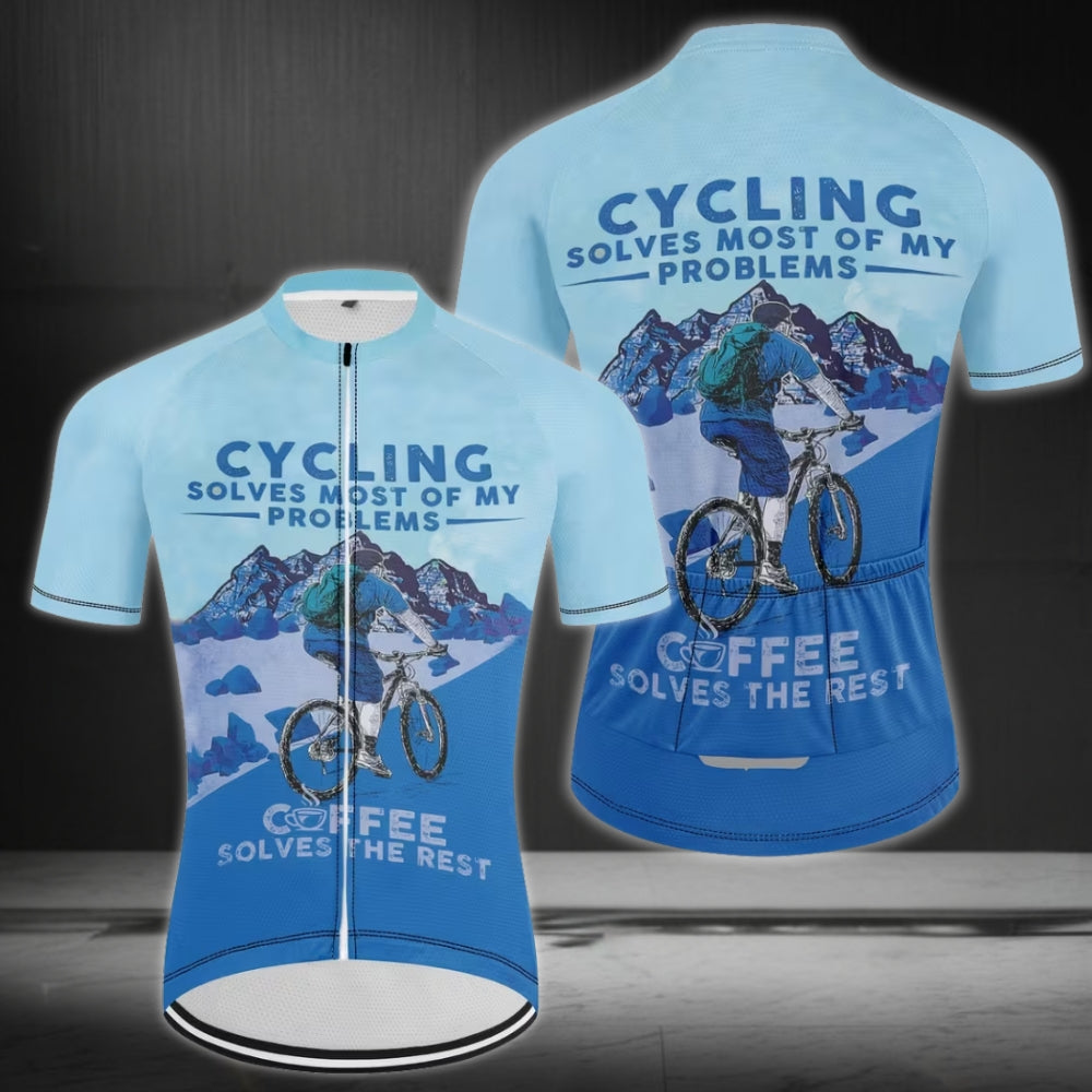 Cycling Solves Most Of My Problems Coffee Solves The Rest Men's Short Sleeve Cycling Jersey, Funny Coffee Cycling Jerseys For Mens CZ0083