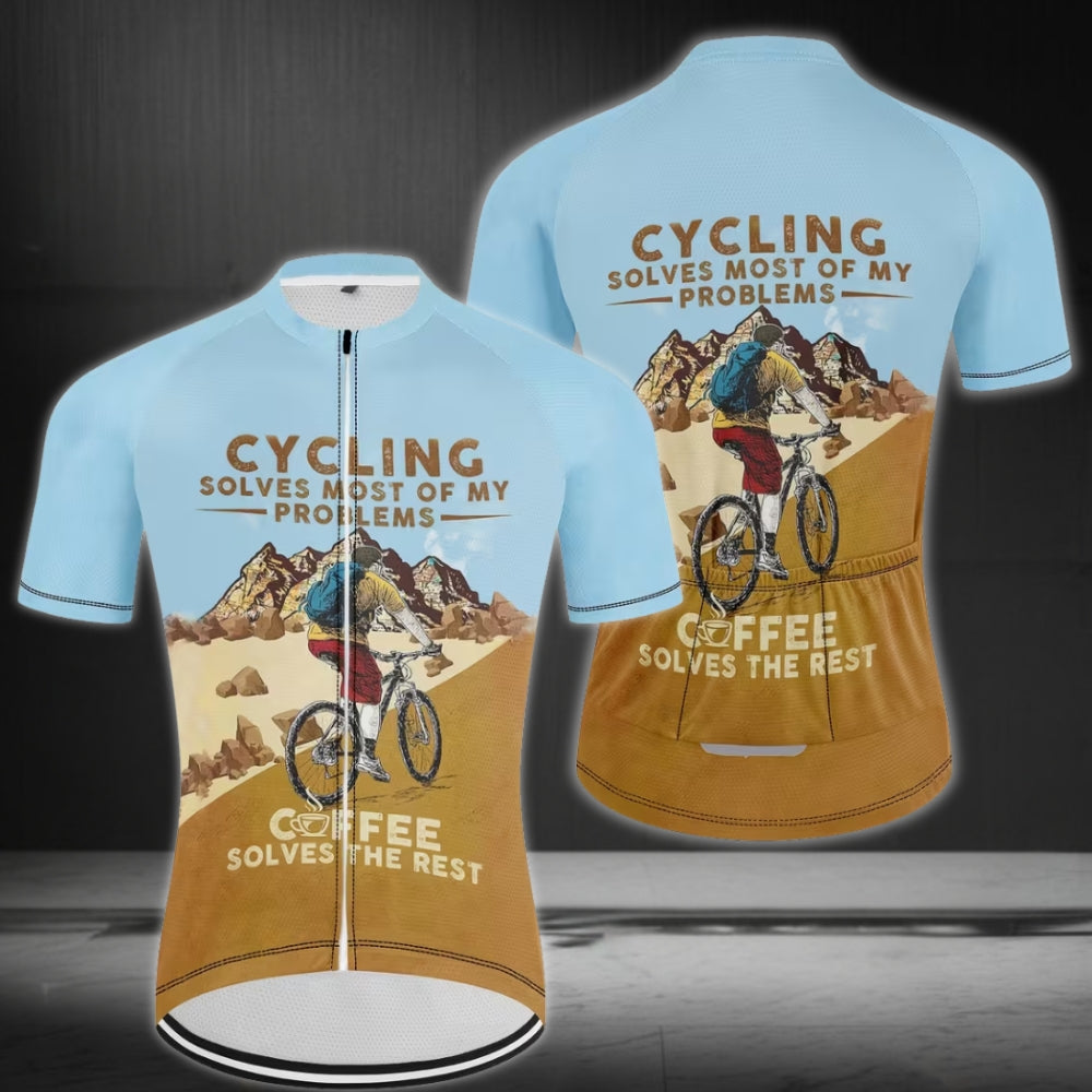 Cycling Solves Most Of My Problems Coffee Solves The Rest Men's Short Sleeve Cycling Jersey, Funny Coffee Cycling Jerseys For Mens CZ0083