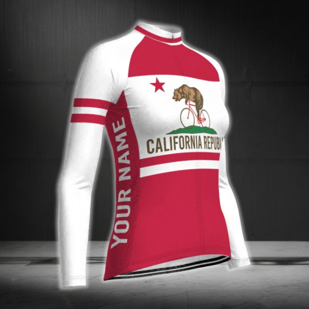 Custom California Republic Flag Long Sleeve Women's Cycling Jersey, Custom California State Cycling Jersey For Women CG0787