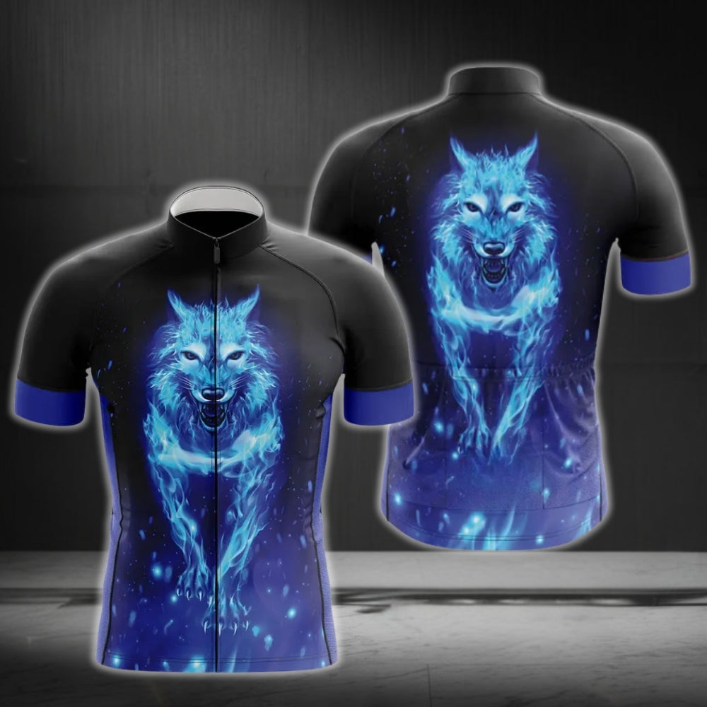 Wolf Black And Blue Cycling Jersey Short Sleeve For Men, Wolf Cycling Jerseys CG0188