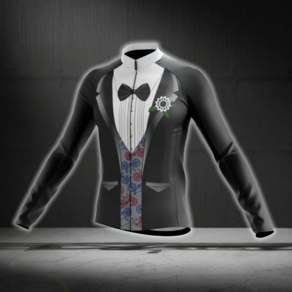 Tuxedo Black And White Long Sleeve Cycling Jersey For Men, Tuxedo Cycling Jerseys CG0722