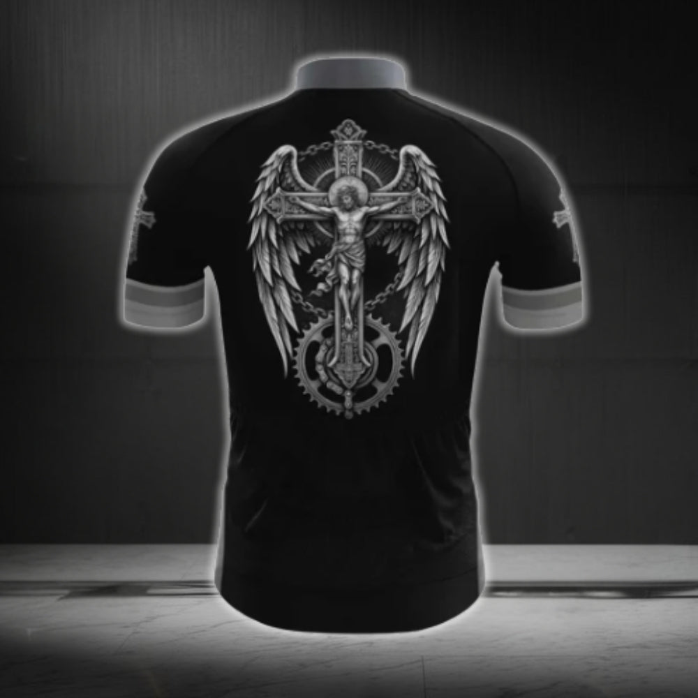 I Am A Man I Like Cycling And Believe In Jesus Cross Cycling Short Sleeve Jersey Mens, Faith Christian Cycling Jerseys CG0536