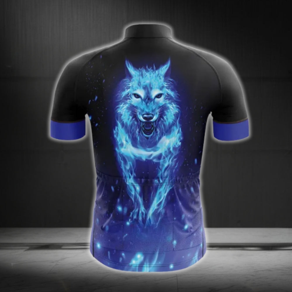 Wolf Black And Blue Cycling Jersey Short Sleeve For Men, Wolf Cycling Jerseys CG0188